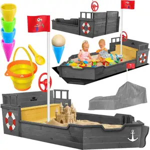 Kidiz - Bac à sable Ahoi - Bateau pirate Bateau à voile en bois Avec couvercle Plancher Banc Mât de drapeau Jouets de sable Anthracite pas cher