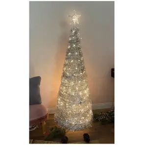 Spetebo Sapin de Noël en spirale 150 cm avec 120 led et pointe étoile - argent - sapin de Noël artificiel blanc chaud éclairé pour l'extérieur et l'intérieur pas cher