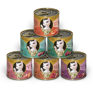Comparateur de prix : KITTY Cat Paté Mix 2, 6 x 200 g, nourriture humide pour chat dans un paquet d'essai, nourriture pour chat sans céréales avec taurine, huile de saumon et moule aux orles vertes, aliment complet à haute