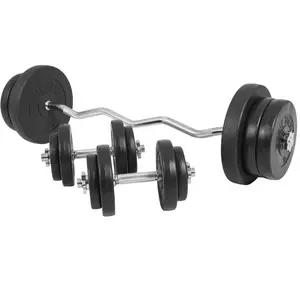 GORILLA SPORTS Set d'haltères avec disques revêtement plastique + barre Curl 68 Kg pas cher