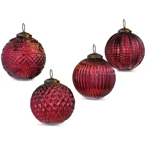 Loberon Lot de 4 boules de Noël Ringas, rouge vieilli (10cm)Vendu parloberon
