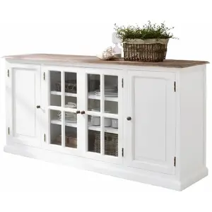 LOBERON Commode Kostan, blanc/marron (45 x 175 x 85cm) pas cher