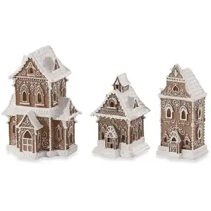 LOBERON Lot de 3 maisons décoratives Anyama, marron/blanc (11.5 x 15.5 x 21cm)