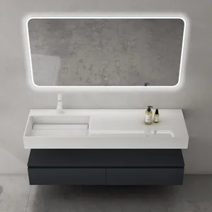 Comparateur de prix : Sogood Meuble de Salle de Bain Gris Noir Mat Ensemble de 3 Pièces Meuble avec Lavabo 150cm et LED Miroir Design Up avec 2 Tiroirs