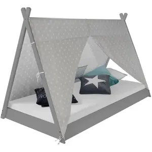 Comparateur de prix : Homestyle4u Lit Tipi Enfant 90x200 Tissu Gris étoilé