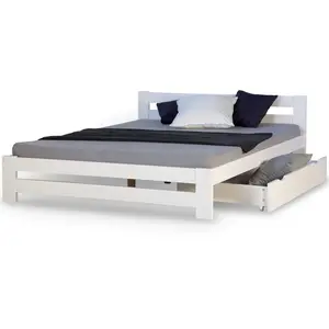 Homestyle4u Lit Double en Bois Blanc 140x200 avec tiroir de lit et sommier a lattes pas cher