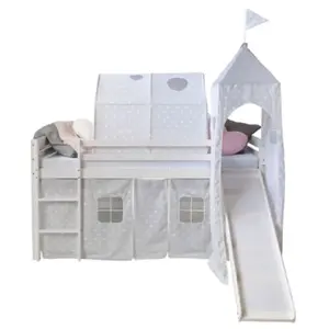 HOMESTYLE4U Lit mezzanine 90x200 avec toboggan + échelle + rideau + tour et tunnel gris etoile pas cher