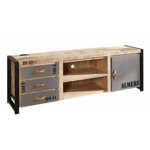 Comparateur de prix : Massivmoebel24 Meuble TV 200x45cm - Bois massif de manguier brut - Fer et bois imprimé - FACTORY #133