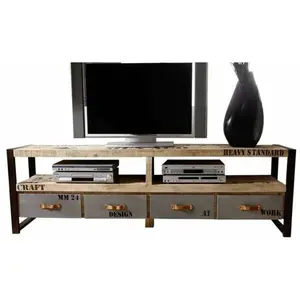 Comparateur de prix : Massivmoebel24 Meuble TV 196x40cm - Bois massif de manguier brut - Fer et bois imprimé - FACTORY #130