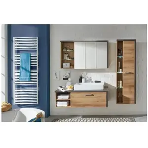 Comparateur de prix : LES TENDANCES BAY Salle de bain complète : Armoire+colonne+meuble avec vasque+miroirs - Mélaminé chêne et béton - L186 x P53 x H198 cm - TRENDTEAM