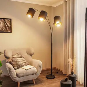 Lindby lampe sur pied Nanika, noir/or, 202 cm, E27, 3 lampes pas cher