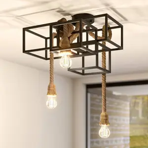 Lucande plafonnier Andrik, 44 cm, 3 lampes, corde de chanvre, métal pas cher
