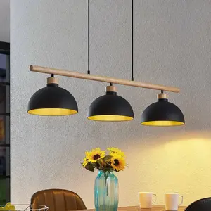 Suspension Lindby Tirzana, à 3 lampes, noir, métal, bois pas cher