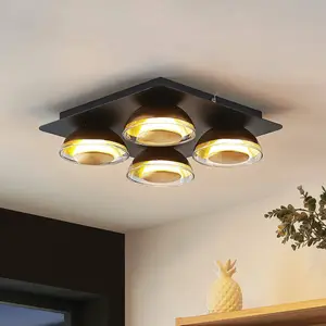 Lindby plafonnier Erin, 4 lampes à 30 cm, noir/or, verre pas cher