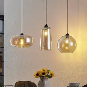 Lucande, suspension Wilja, ambre, verre, 111 cm, à 3 lampes, E27 pas cher