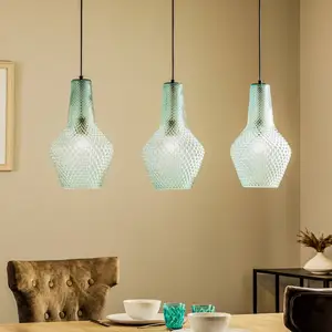 Comparateur de prix : Lindby suspension Drakar, 3 lampes, bleu clair, verre, Ø 25 cm