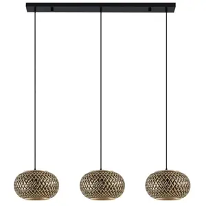Lindby suspension Nerys, 3 lampes, noir, bambou, 1.120 cm pas cher