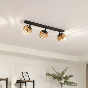 Lindby plafonnier Ediz, 3 lampes, GU10, bois, 73 cm de long pas cher