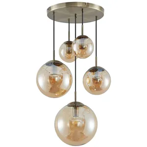 Lindby suspension Teeja, amber, 5 lampes, Ø50cm, verre, E27
