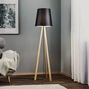 Quitani lampe à pied tripode Jata, bois chintz, noir pas cher