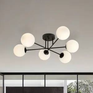 Euluna Plafonnier Glassy, 6 lampes, noir/opale pas cher