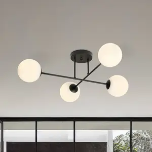 Euluna Plafonnier Glassy, 4 lampes, croisé, noir/opale pas cher