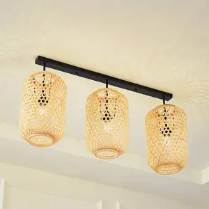 Lucande plafonnier Jorick, 3 lampes, longueur 104,5cm, bambou pas cher