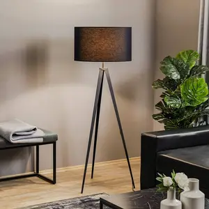 Euluna Lampadaire Tago, trépied, abat-jour noir/argenté pas cher