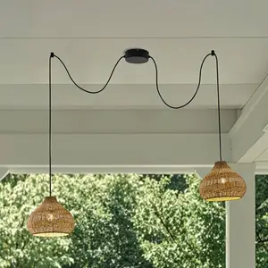 Lucande, suspension d'extérieur Taniola, à 2 lampes, beige, rotin, IP44