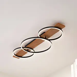 Lindby Plafonnier LED Galad, noir, bois, 3 lampes, 98 cm pas cher
