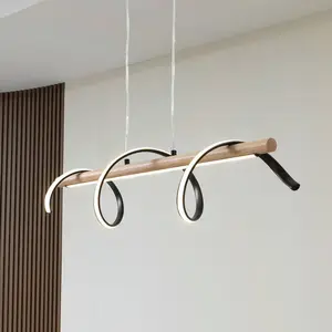 Suspension LED Lindby Spiraali, gris, bois, longueur 95 cm pas cher