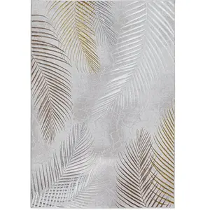 Tapis poil ras motif feuilles palmier moderne, gris, 80 x 300 cm