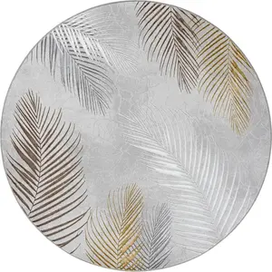 Tapis poil ras motif feuilles palmier moderne, gris, 200 cm rond