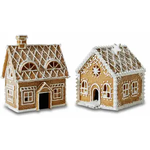 LOBERON Lot de 2 maisons décoratives Tarreau, marron/blanc (10 x 9 x 10cm)Vendu parloberon