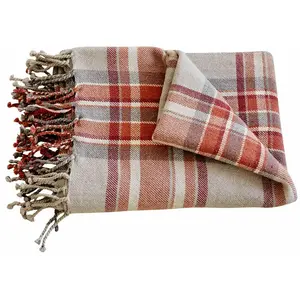Loberon Plaid Tartan - Laine, Nylon - H/L env. 130/170 cm - Rouge/Beige