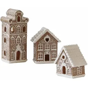 LOBERON Lot de 3 maisons décoratives Gabin, marron/blanc (5 x 6 x 15cm) pas cher