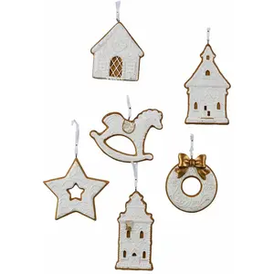Comparateur de prix : LOBERON Lot de 6 décorations à suspendre Roéline, blanc/marron (6.5 x 1 x 7cm)
