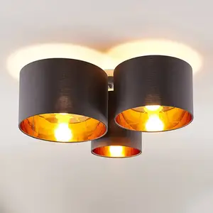 Lindby plafonnier Laurenz, 3 lampes, gris/or, textile pas cher