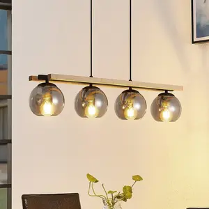 Comparateur de prix : Lindby suspension Enrique, fumé, 4 lampes, verre, bois, E27