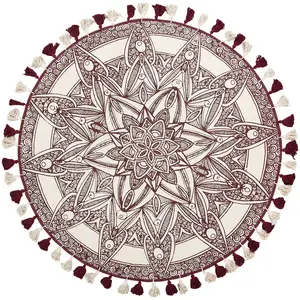 BELIANI Tapis Boho Rond en Coton 120 cm avec Motif et Pompons Rouge et Blanc Oltu