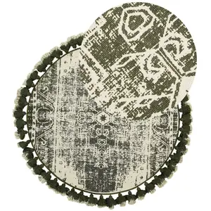 BELIANI Tapis Rond Design Vieilli avec Pompons 120 cm en Coton Blanc Crème et Vert Kahta