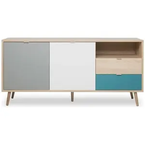 Cuba Buffet Bas Scandinave Chene, Gris Et Bleu Petrole - L 150 X P 40 X H 71 Cm pas cher