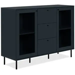 Calicosy Buffet 3 Tiroirs Et 2 Portes Vitrées Bleu Marine - L120 Cm pas cher