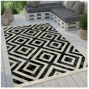 Comparateur de prix : Paco Home - Tapis Intérieur & Extérieur Tissé à Plat Motif Losanges Moderne Pour Terrasse Et Balcon 160 cm rond, Noir-Blanc