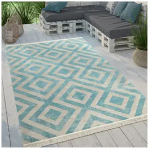 Comparateur de prix : Paco Home - Tapis Intérieur & Extérieur Tissé à Plat Motif Losanges Moderne Pour Terrasse Et Balcon 60x100 cm, Bleu-Blanc