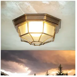 Comparateur de prix : Licht-Erlebnisse Plafonnier en aluminium et verre couleur cuivre antique, IP44, pour terrasse et balcon, L:27 cm, E27, rustique, MILANO