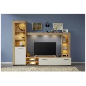 Comparateur de prix : Ensemble meuble TV 3 pièces LOGO - 1 Porte - LED - Mélamine chêne clai...