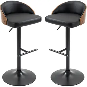 HOMCOM Lot de 2 tabourets de bar pivotants avec repose-pieds, réglable en hauteur chaises de cuisine similicuir bois Noir et café 48x49,5x76-96cm pas cher