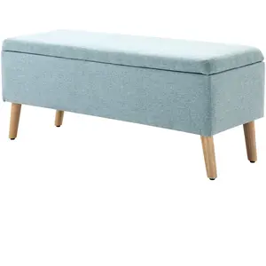 HOMCOM Banc rembourré avec espace de rangement, banc-lit avec revêtement en lin, bois de caoutchouc, vert clair 110x39x45cm