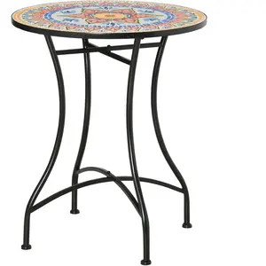 Outsunny Table de Jardin en Mosaïque Ronde Table Bistrot Table d'Appoint avec Plateau en Mosaïque de Céramique et Métal Rouge+Bleu+Blanc Ø60 cm pas cher